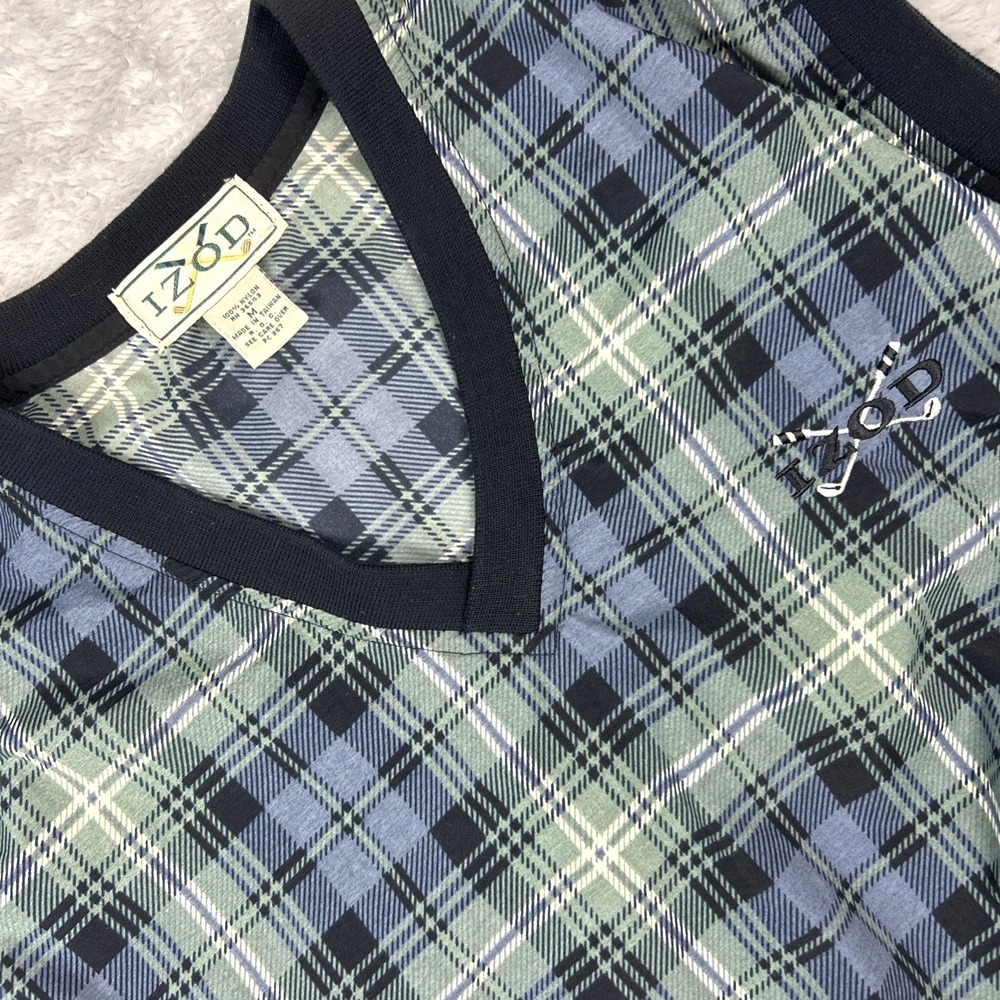 VTG IZOD Mens Golf Vest M Green Tartan Plaid Pullover Windbreaker Nylon Jacket